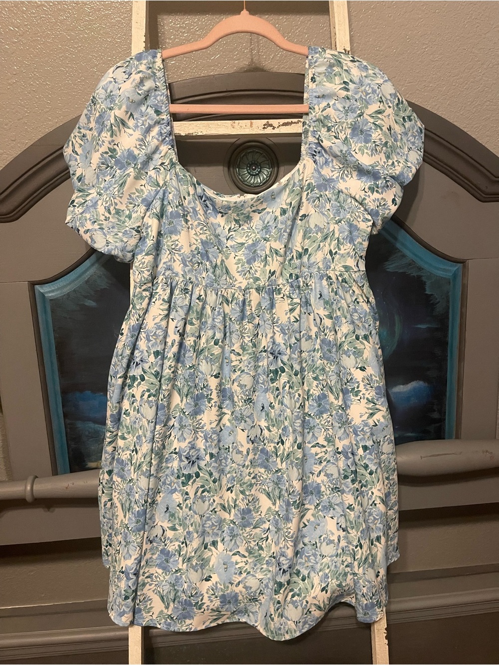 Altar'd State Blue and White Floral Puff-Sleeve Dress